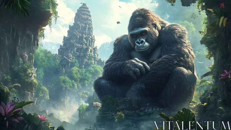 Colossal gorilla guards misty jungle temple valley