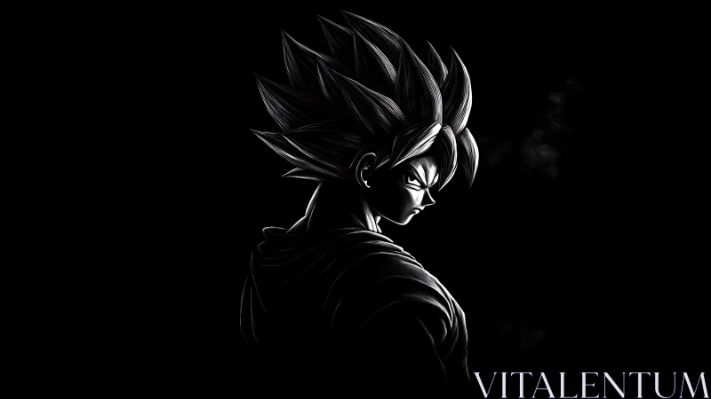 Saiyan warrior silhouette glows in stark monochrome light.