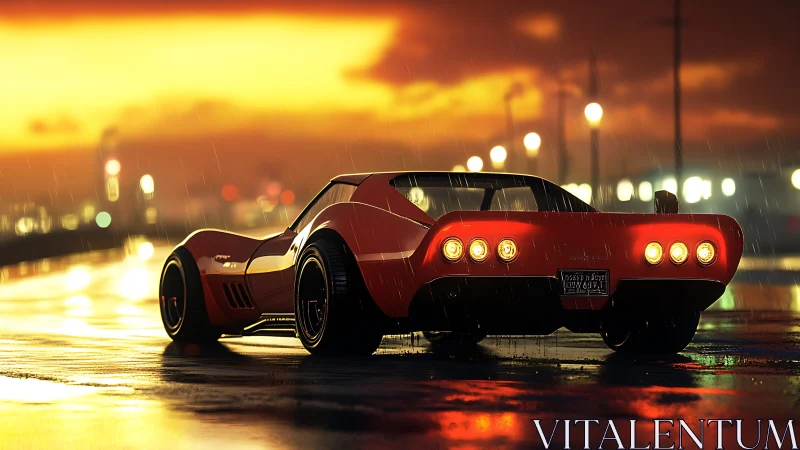 Rain-slicked crimson classic hums against a molten sunset