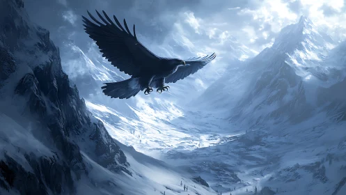 Large black eagle gliding over vast snowy mountainscape.