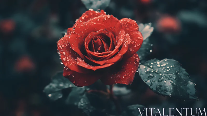 Deep crimson rose with pronounced morphological features exhibits dramatic water beading and macro b