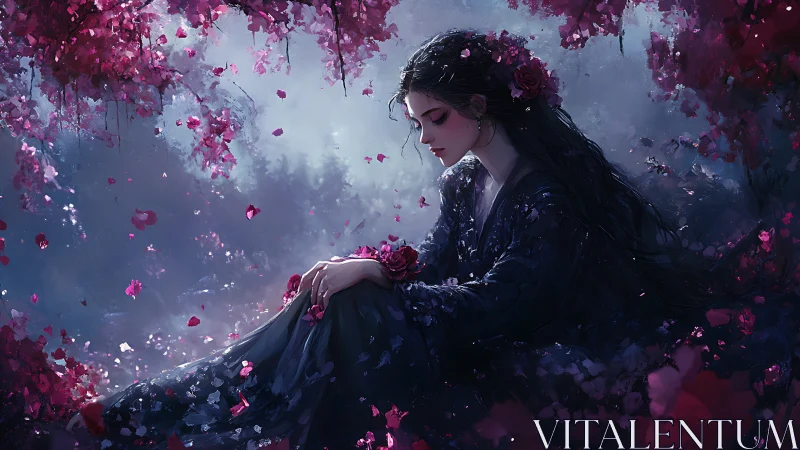 Melancholic dark-haired woman beneath falling rose petals.