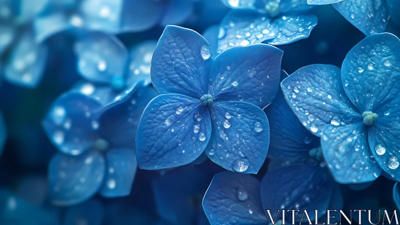 Blue flowers with water droplets in close detail.