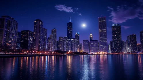 Moonlit skyline sings over violet-tinted waterfront calm.