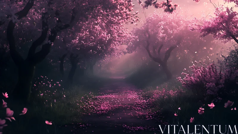 Twilight petal tunnel under whispering cherry crowns.