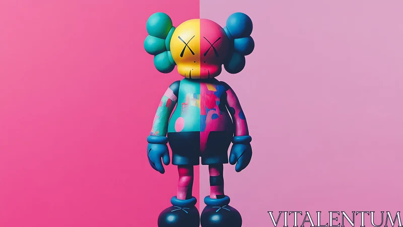 Colorful vinyl-style character stands against split pink wall