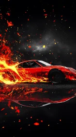 Fire-kissed red supercar streaks through midnight embers.