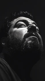 Low-key monochrome portrait using dramatic upward rim lighting