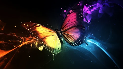 Spectrum-lit butterfly with neon motion trails and particle bloom