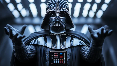 Armored sci fi villain extends gloved hands in corridor