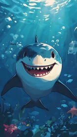 Smiling cartoon shark swims toward viewer in bright blue sea