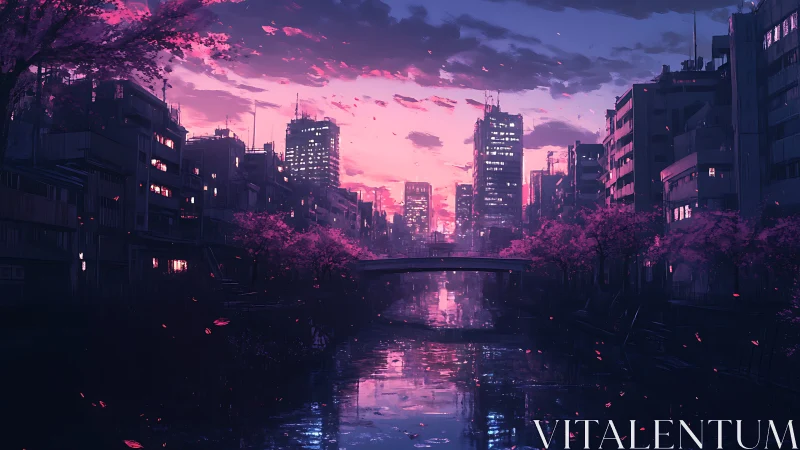 Neon dusk city canal glows beneath vivid sakura sky.