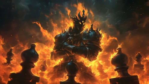 Flaming armored figure stands behind burning chessboard