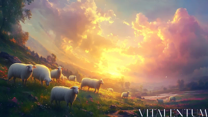 Sunlit sheep graze under glowing stormlit valley sky