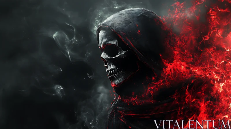 Hooded flaming skull emerging from darkness in side profile.