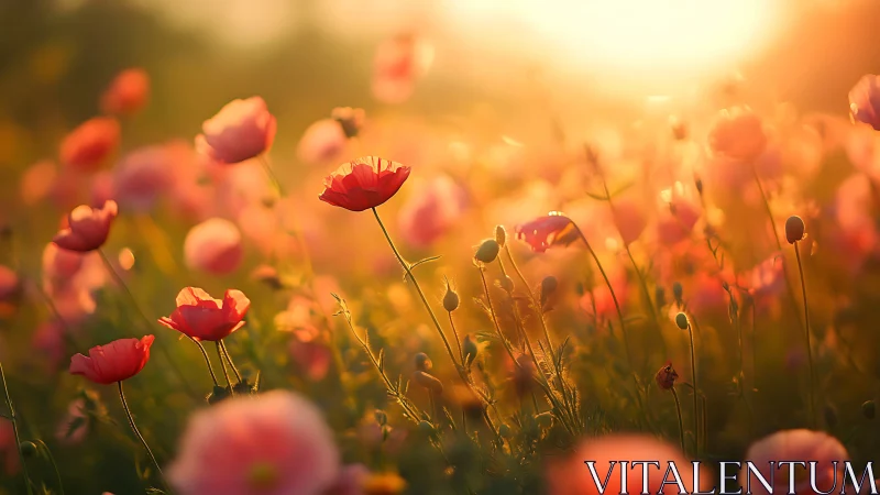 Golden-hour poppy field with depth-of-field selective focus technique.