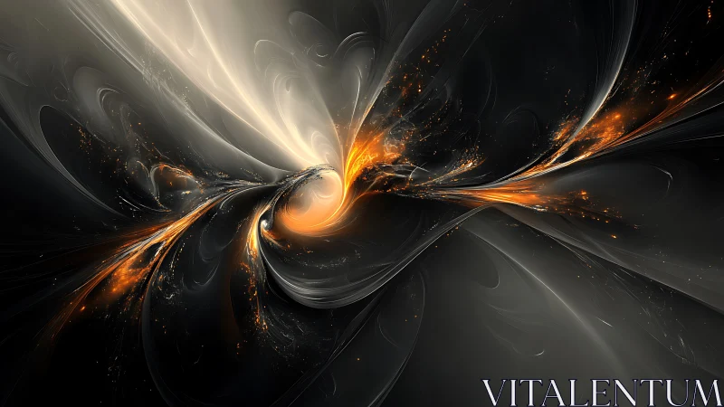 Glowing cosmic swirl of light and embers in deep shadowed space.