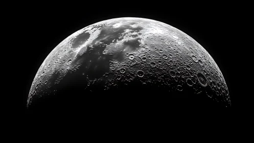 Lunar crescent surface emerges in stark cosmic shadow.