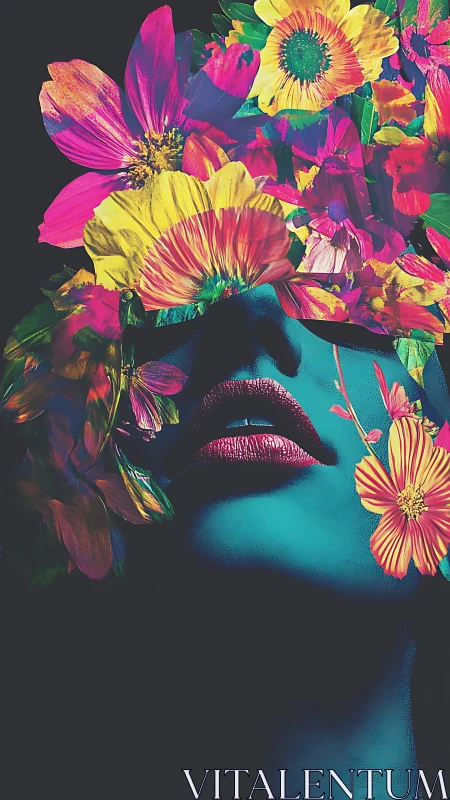 Female portrait with neon flowers and dark background.