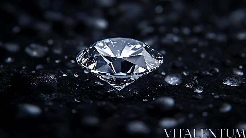 Brilliant diamond rests on wet black surface, sharp focus.