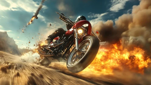Motorcycle rider accelerates through desert explosion at speed