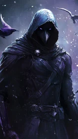 Hooded plague crow sentinel in violet stormlit snowfall.