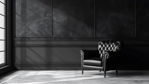 Monochrome tufted armchair in raking daylight within matte panelled chamber.