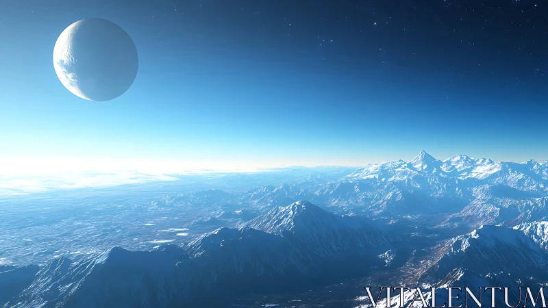 Frozen blue frontier under a watchful distant moonrise.