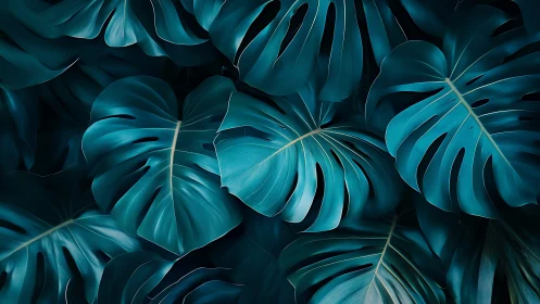 Cyan-toned monstera foliage forms a dense abstract botanical field