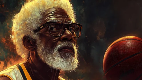 Elderly basketball player in dramatic chiaroscuro portrait.