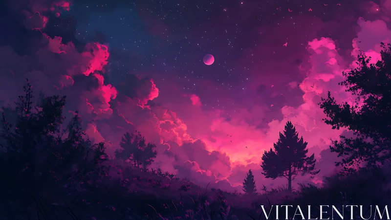 Violet twilight sky glows above silhouetted forest ridge