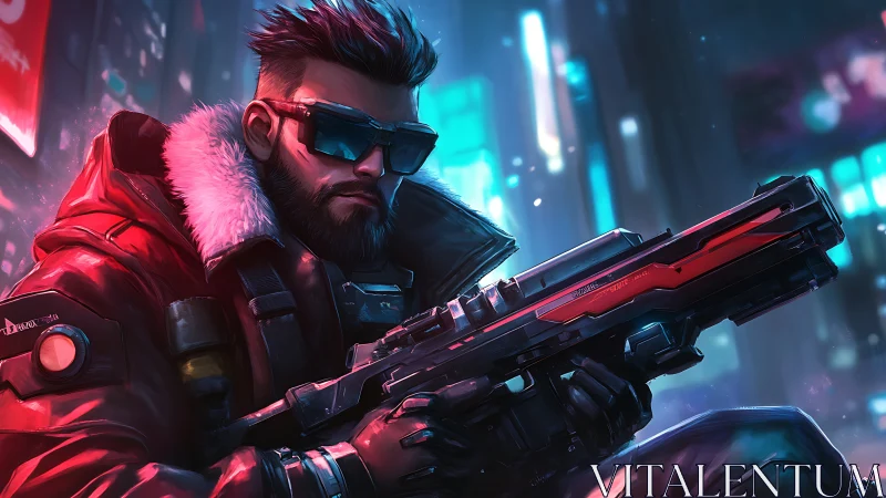 Cybernetic marksman in neon-dense urban nightscape poised.