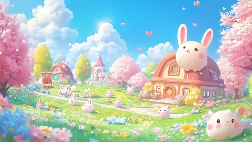 Pastel bunny village basks under dreamy spring skies