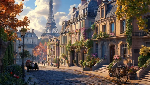 Golden Paris lane wrapped in blooms and gentle afternoon light.