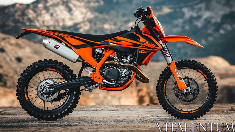 Off-road motorcycle stands in profile on rocky outdoor terrain