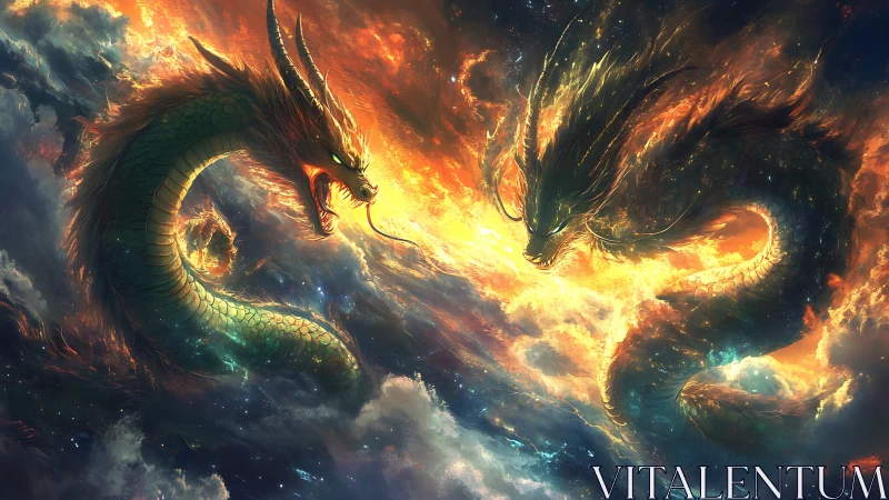 Skyborne dragon twins bend storms into blazing halos