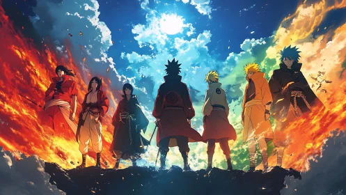 Backlit anime warriors confront dual elemental sky rift