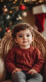 Toddler in Warm Knit Sweater Posed with Woven Chair Backdrop