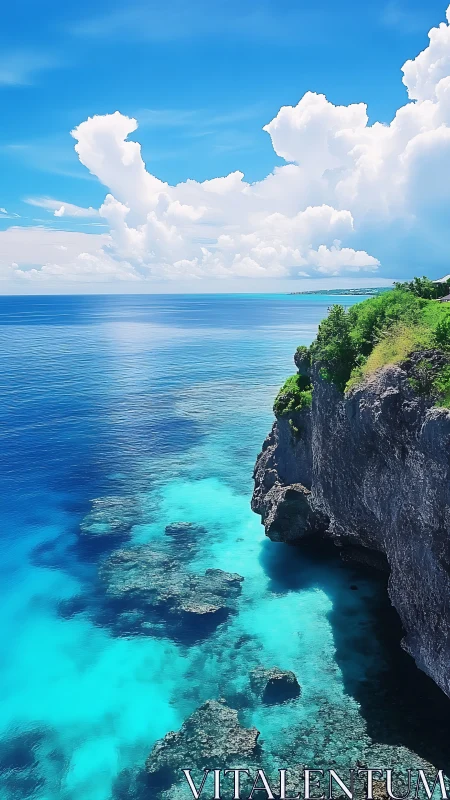 Littoral cliff interface above cyan reef gradient waters.