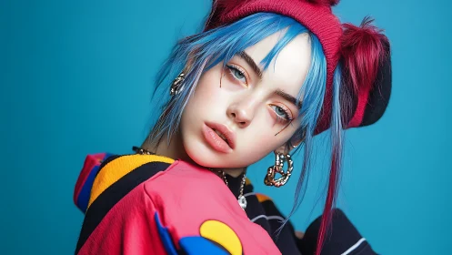 Neon-haired daydream rebel in candy-bright streetwear.