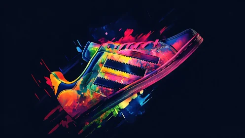 Fluorescent sneaker profile with neon paint splash motion effects