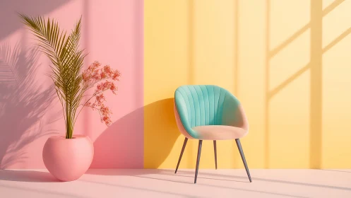 Pastel chair and plant glow in minimalist sunlit interior.