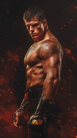 Muscular boxer stands in fiery studio with intense glare