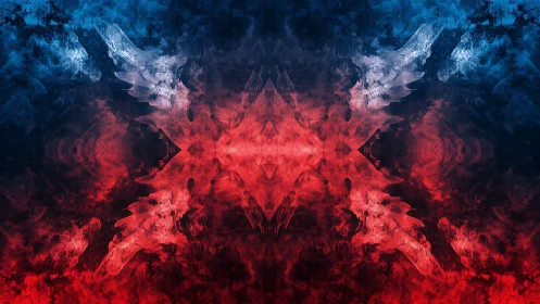 Symmetric red blue abstract painting with smoky energy.