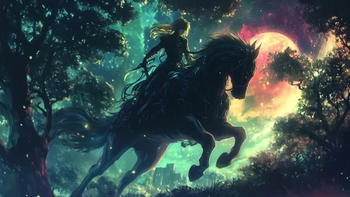 Lone rider silhouettes against neon moonlit enchanted forest.