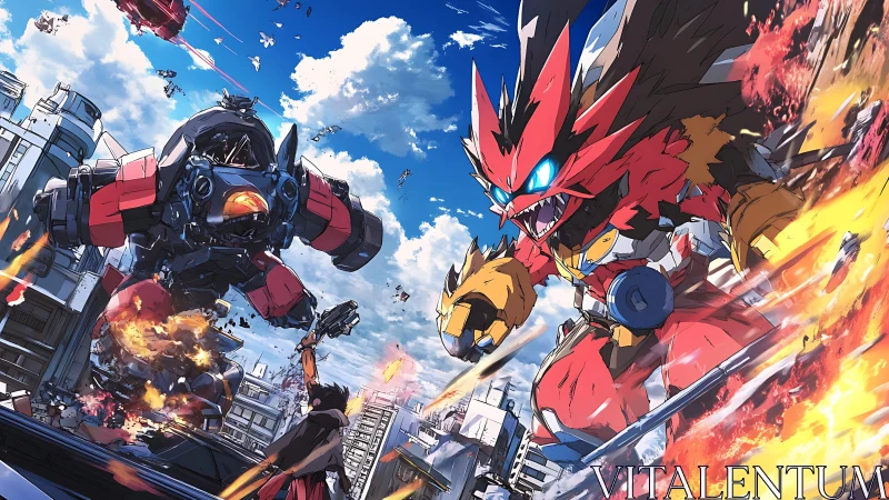 Giant mech beast charges a combat robot across city ruins.