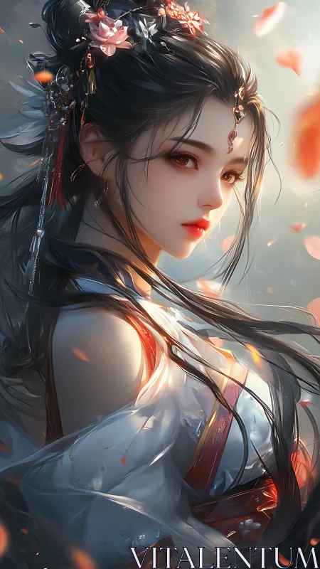 Graceful blossom maiden in flowing light and gentle petals.