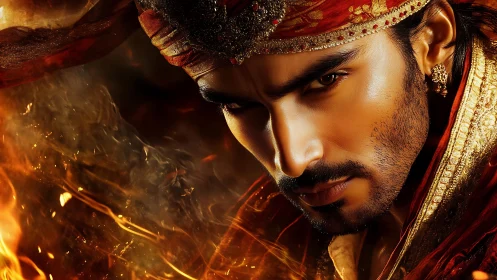 Fire crowned prince in ember-lit royal gaze and splendor.