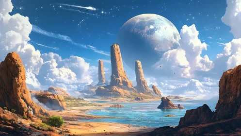 Alien coastal mesa under giant moon and comet sky.