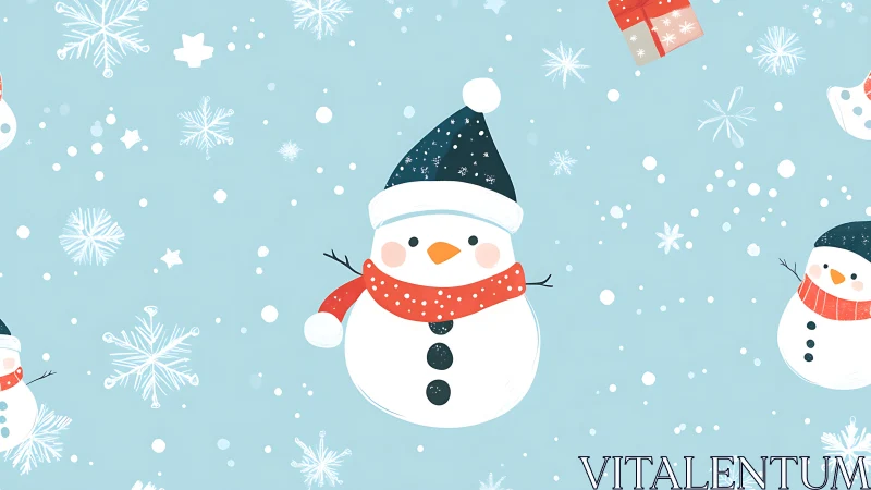 Snowmen silhouettes repeat across blue field with snowflakes